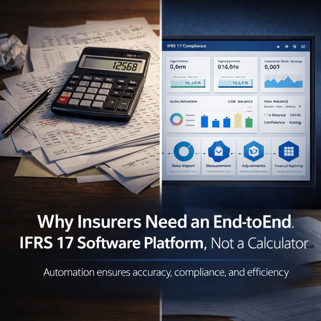 Split-screen illustration comparing manual spreadsheet calculations with an integrated dashboard, highlighting why insurers need an ifrs 17 software platform instead of calculator-based processes.