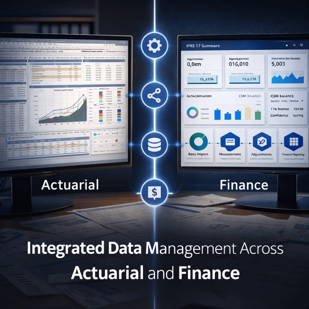 Integrated dashboards connecting actuarial models and finance reporting, illustrating seamless data flow within an ifrs 17 software platform.