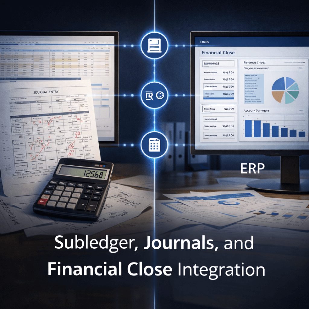 Subledger and journal workflows connected to financial close dashboards, demonstrating automated accounting within an ifrs 17 software platform.