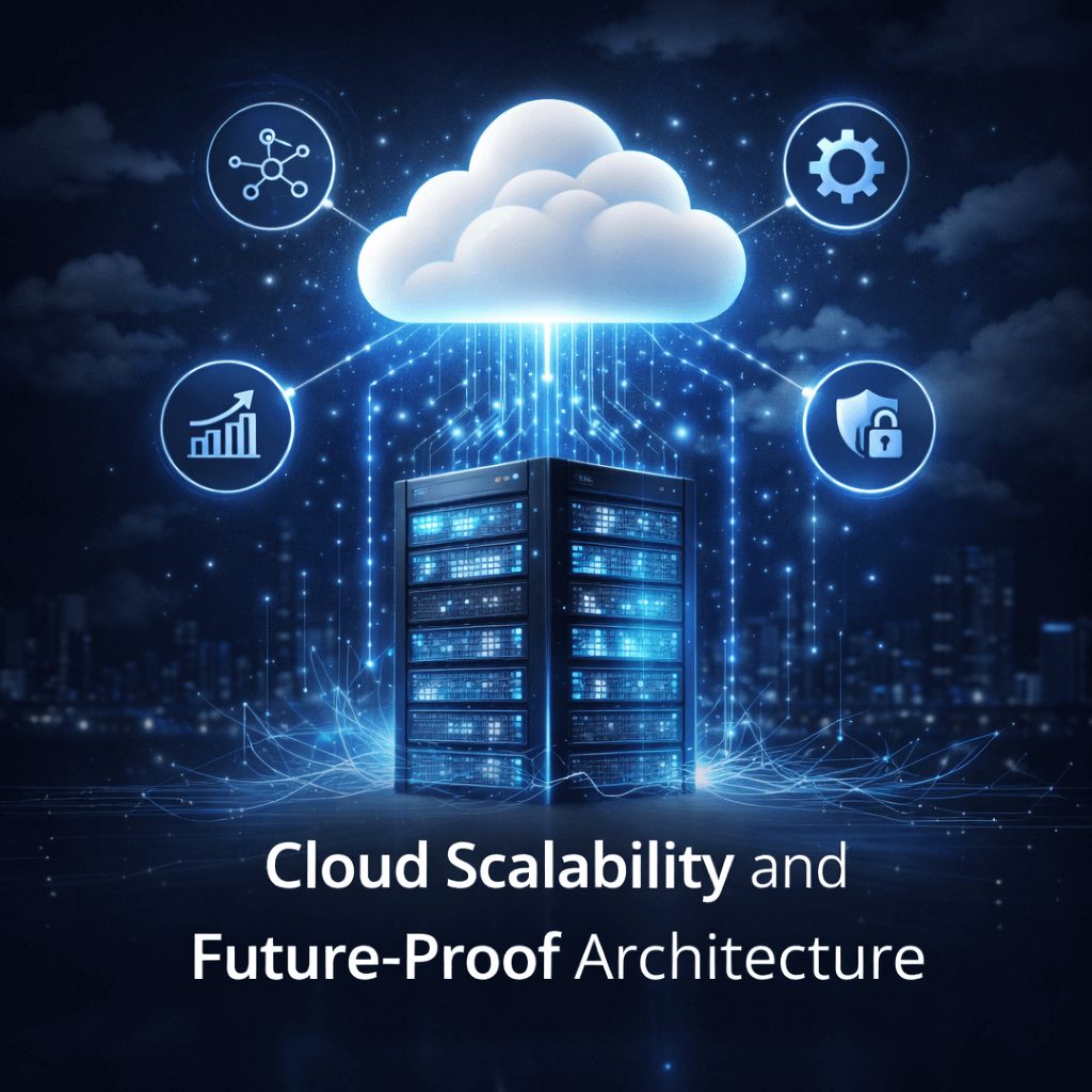 Cloud scalability and future-proof architecture illustration showing a secure cloud connected to enterprise servers, representing an IFRS 17 software platform built for scalable, integrated insurance finance and actuarial operations.