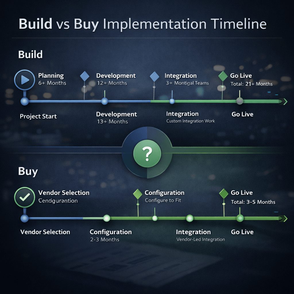 Build vs buy implementation timeline comparing long in-house development cycles with faster vendor deployment, highlighting time and control trade-offs in build vs buy IFRS 9 software TCO decisions.