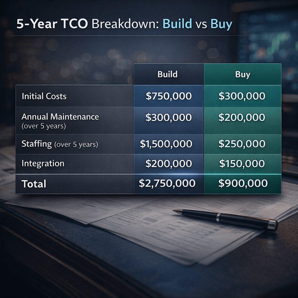 Five-year total cost of ownership table comparing build and buy IFRS 9 software, showing higher staffing, maintenance, and integration costs in build vs buy IFRS 9 software TCO analysis.