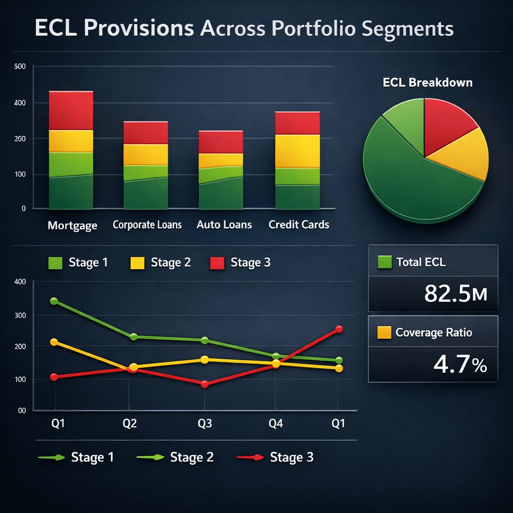 ECL provision charts by portfolio and impairment stage, illustrating operational complexity that influences build vs buy IFRS 9 software TCO through data handling, staging, and reporting effort.