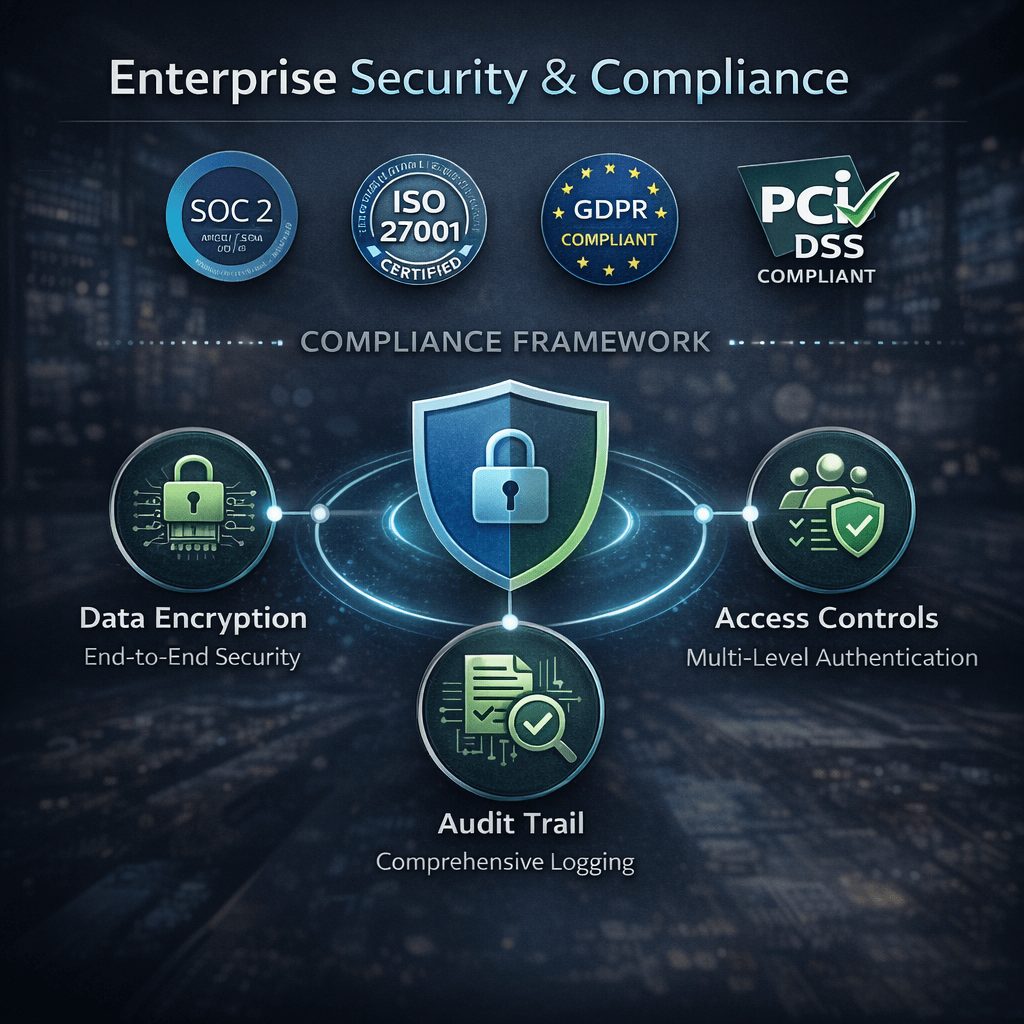 Enterprise security and compliance infographic showing data encryption, access controls, audit trails, and certification badges supporting build vs buy IFRS 9 software TCO decisions.