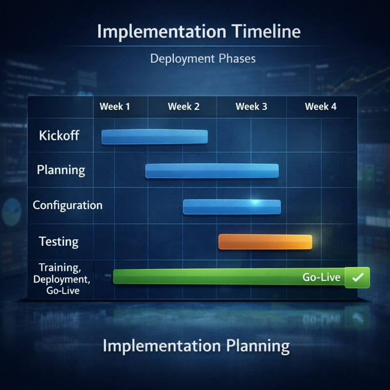 Implementation timeline Gantt chart showing deployment phases from kickoff to go-live, highlighting structured planning for enterprise IFRS 9 ECL software selection.