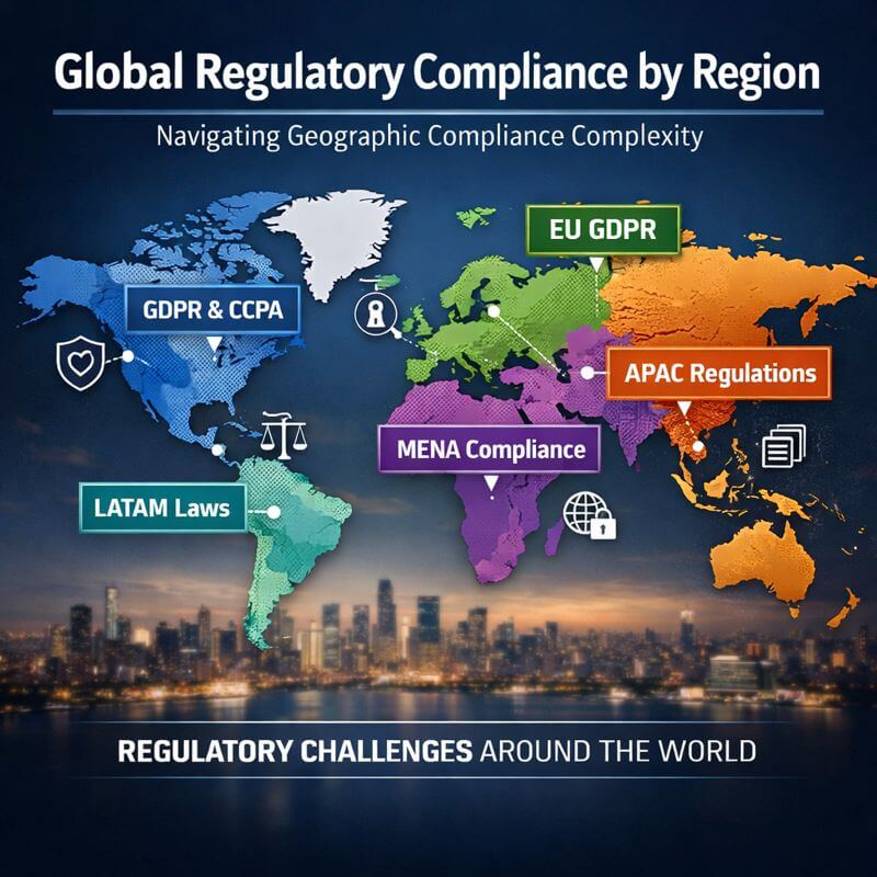 Global world map infographic highlighting regional regulatory compliance requirements by jurisdiction, illustrating geographic compliance complexity for enterprise ifrs 9 ecl software selection.