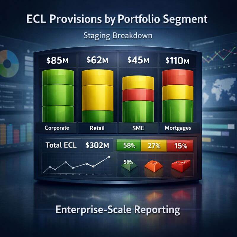 Dashboard view of ECL provisions by portfolio segment with staging breakdown, showing enterprise-level reporting and analytics to support enterprise IFRS 9 ECL software selection.