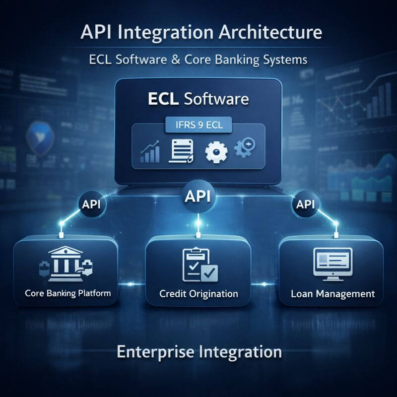 API integration architecture diagram showing IFRS 9 ECL software connected to core banking, credit origination, and loan management systems, supporting enterprise IFRS 9 ECL software selection.
