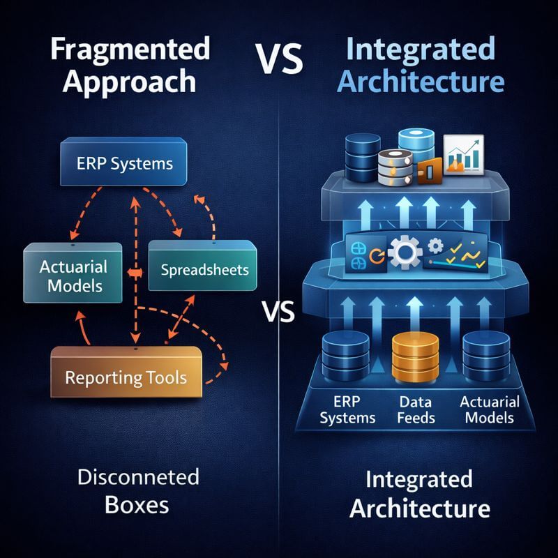 Infographic showing IFRS 9 compliance process architecture with connected layers: data sources at the bottom, model layer in the middle, calculation engine and governance controls, and reporting outputs at the top, with clean flow arrows.