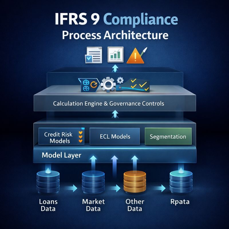 Professional infographic showing IAS 19 valuations audit-ready process with clear methodology, detailed disclosures, and audit-ready reports within an IFRS 9 compliance process architecture context.