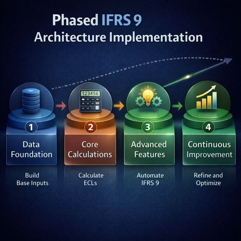 Side-by-side infographic comparing fragmented approach with disconnected tools versus integrated architecture with automated flows, highlighting efficiency improvements in IFRS 9 compliance process architecture.