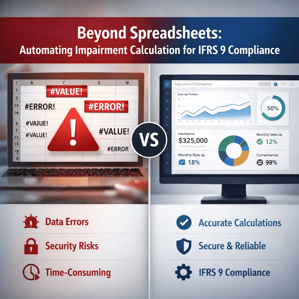 Professional comparison showing spreadsheet errors versus an automated system dashboard, highlighting ifrs 9 impairment spreadsheet risk from manual calculations and data integrity issues.