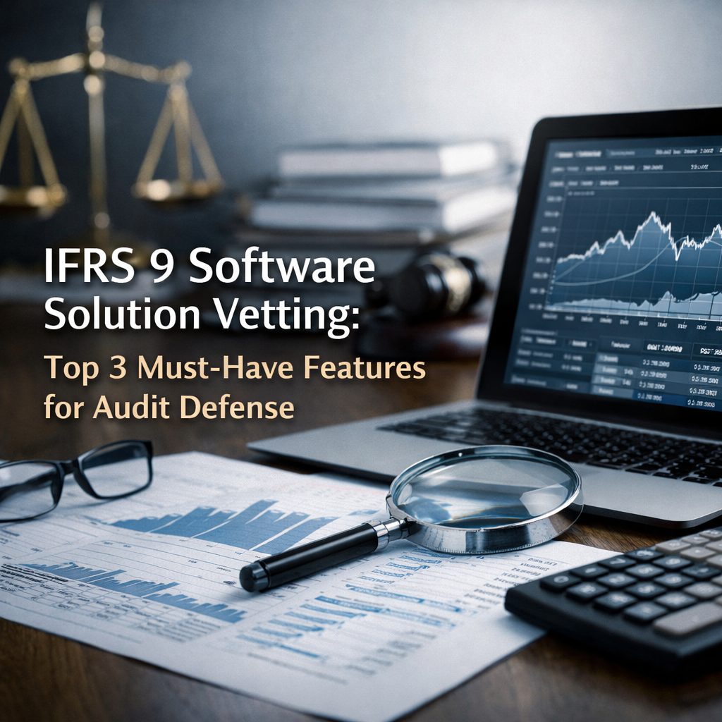 IFRS 9 software solution vetting for audit defense showing financial data analysis, compliance review, and audit-focused controls in a professional banking environment.