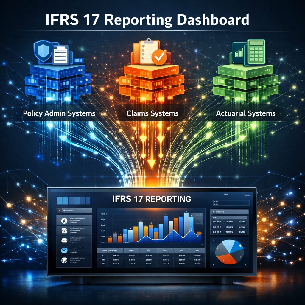 IFRS 17 software dashboard visualization showing complex data flows from policy admin, claims, and actuarial systems converging into a centralized reporting structure.