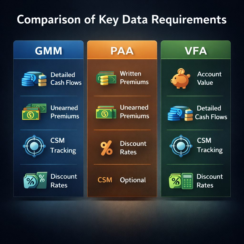 IFRS 17 software comparison infographic showing three vertical columns labeled GMM, PAA, and VFA with key data requirements like cash flows, premiums, CSM tracking, and discount rates.