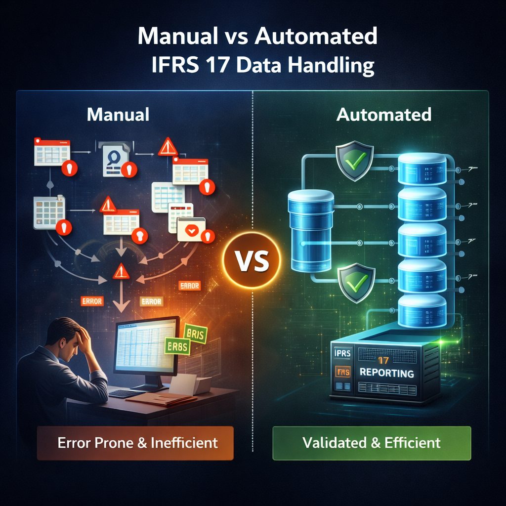 IFRS 17 software process flow infographic contrasting manual spreadsheet-based data handling with a streamlined automated pipeline including validation checkpoints.