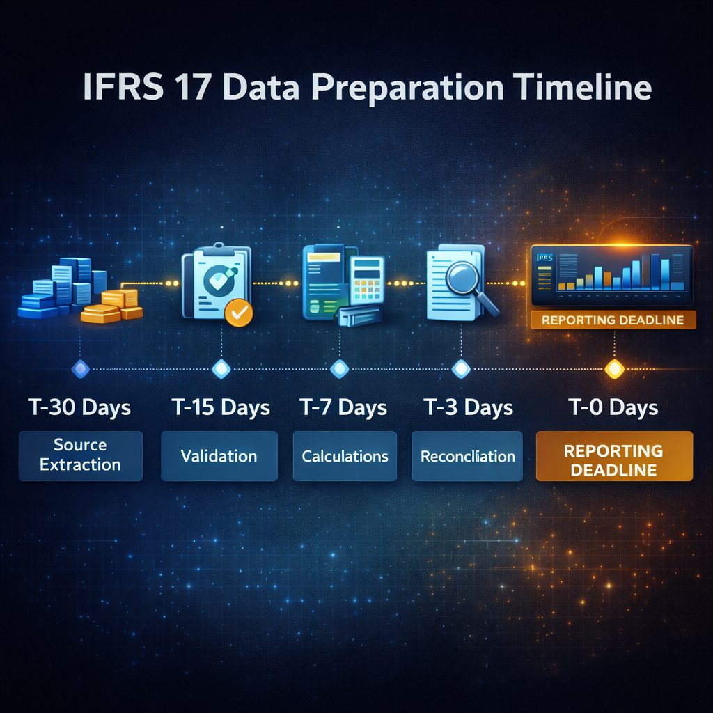 IFRS 17 software timeline infographic showing data preparation workflow from T-30 days (source extraction) to T-0 (reporting deadline) with key stages like validation, calculations, and reconciliation.