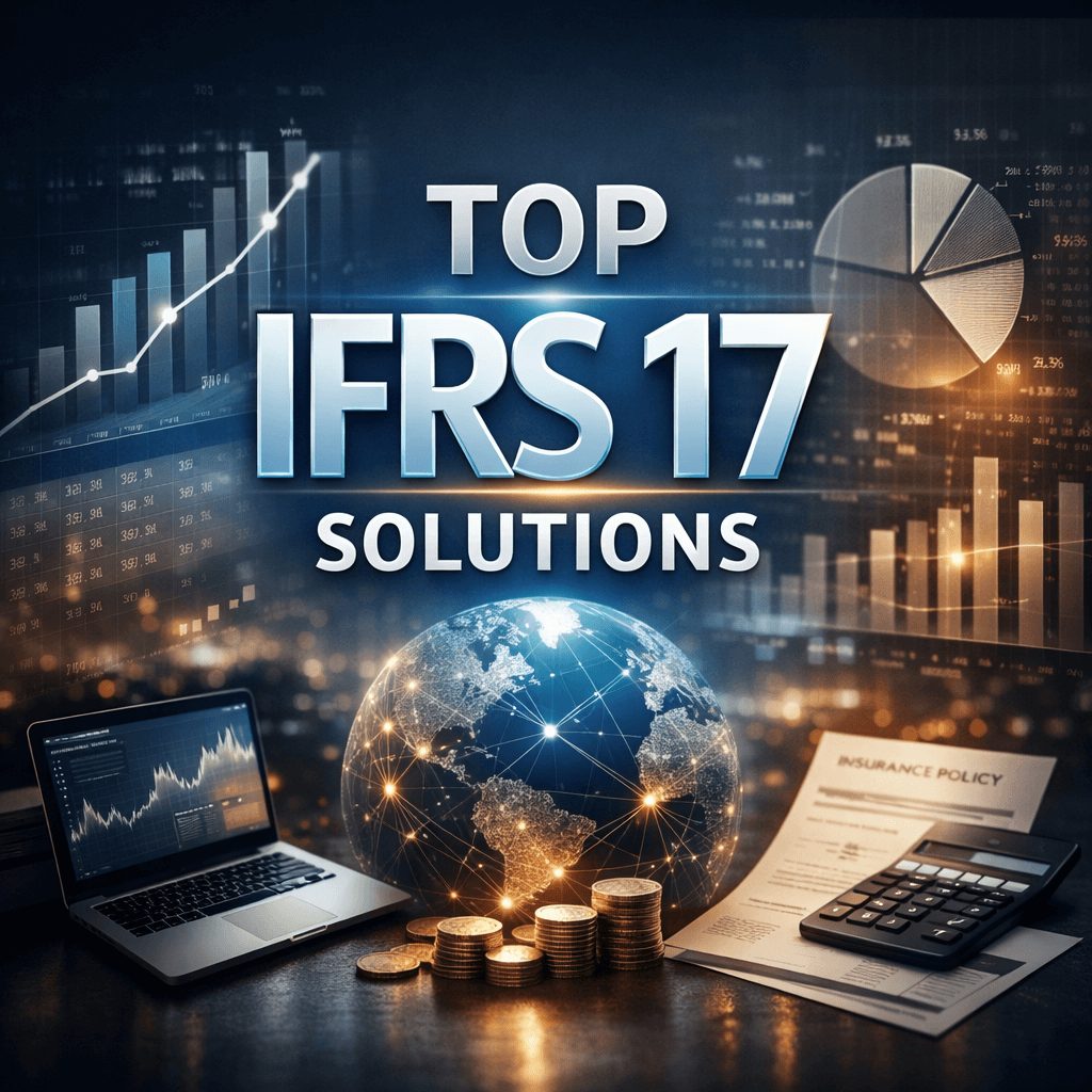 Professional infographic highlighting top IFRS 17 solutions with financial analytics, compliance reporting, and technology platforms, supporting an IFRS 17 software vendor shortlist.