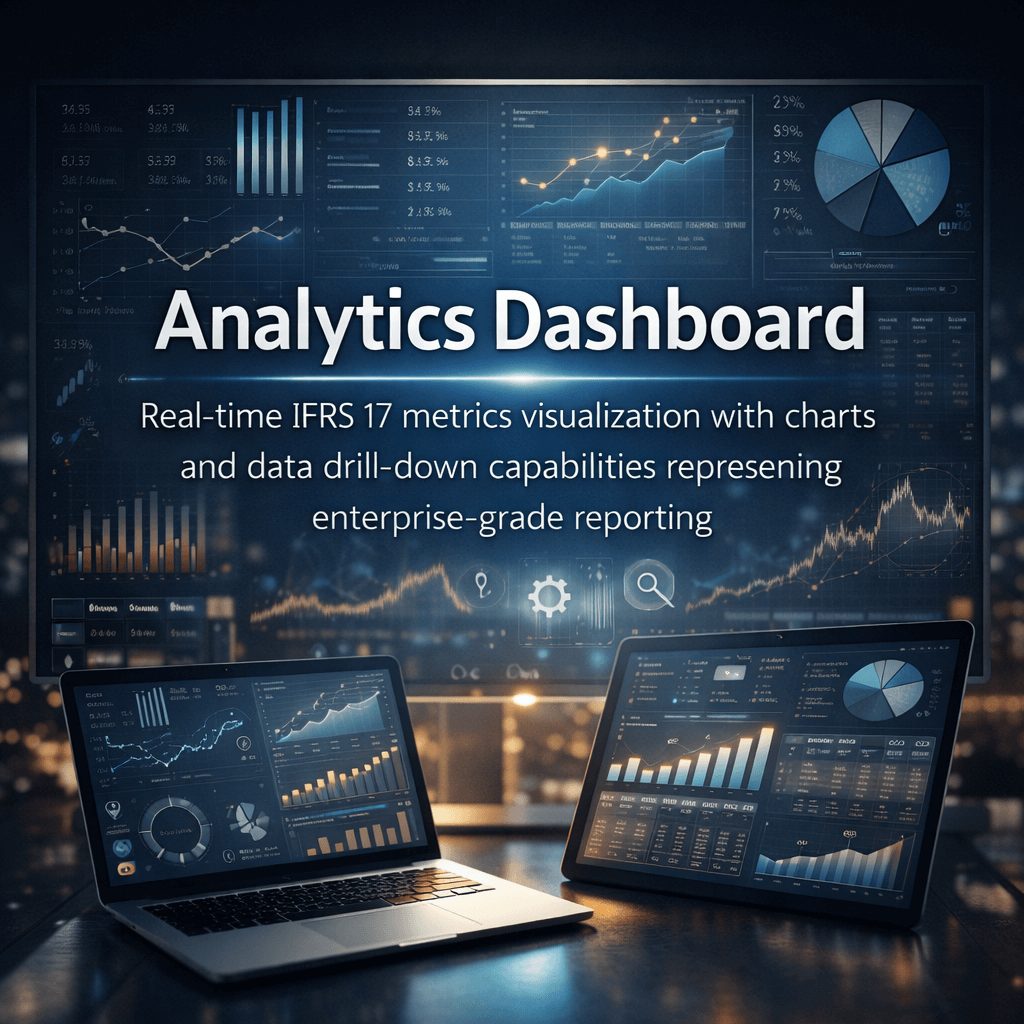 Enterprise analytics dashboard showing real-time IFRS 17 metrics, charts, and data drill-down capabilities used to evaluate an IFRS 17 software vendor shortlist.