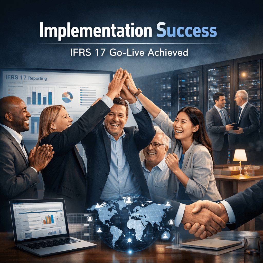 Professional team collaboration celebrating successful IFRS 17 go-live, showcasing system deployment, dashboards, and stakeholder engagement relevant to an ifrs 17 software vendor shortlist.
