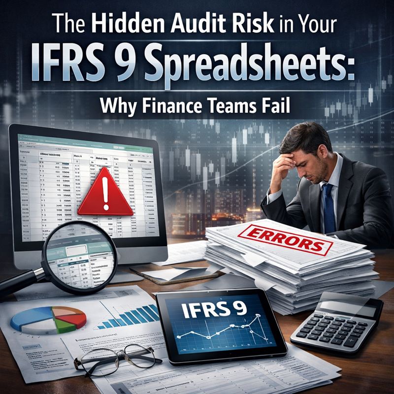Professional infographic showing hidden audit risks in IFRS 9 spreadsheets, with error flags, financial models on screens, audit documents marked errors, and a stressed finance professional reviewing IFRS 9 data.