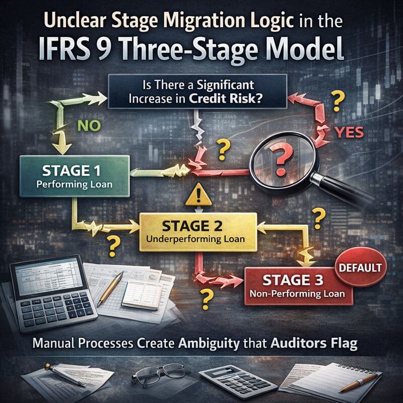 Professional flowchart diagram of the IFRS 9 three-stage model showing Stage 1, Stage 2, and Stage 3 with broken arrows, decision points, and question marks highlighting unclear stage migration logic caused by manual processes.