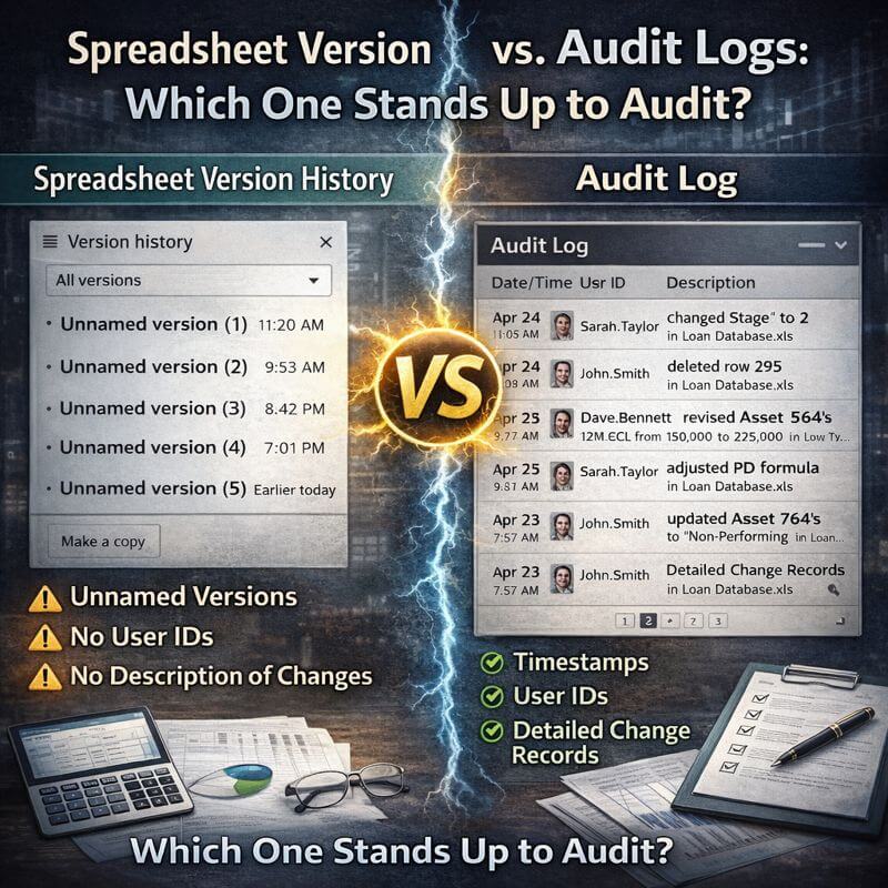 Side-by-side comparison showing spreadsheet version history with unnamed versions versus an audit log displaying timestamps, user names, and detailed change records, highlighting why spreadsheets fail audit requirements.