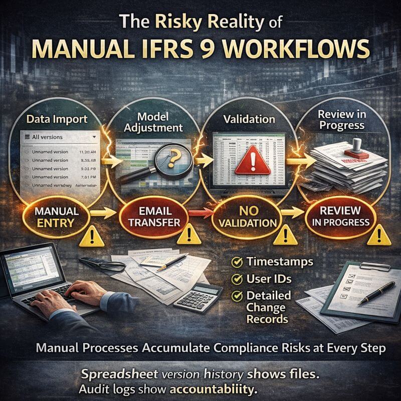 Process flow diagram of a manual IFRS 9 workflow showing data import, model adjustment, validation, and review stages, with risk indicators such as manual entry, email transfer, no validation, and review in progress highlighting compliance gaps at each step.