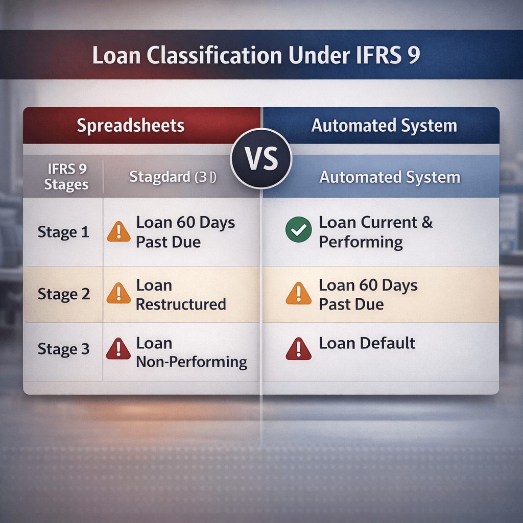 Side-by-side diagram illustrating IFRS 9 loan staging differences between spreadsheets and automated systems, emphasizing ifrs 9 impairment spreadsheet risk in loan classification.