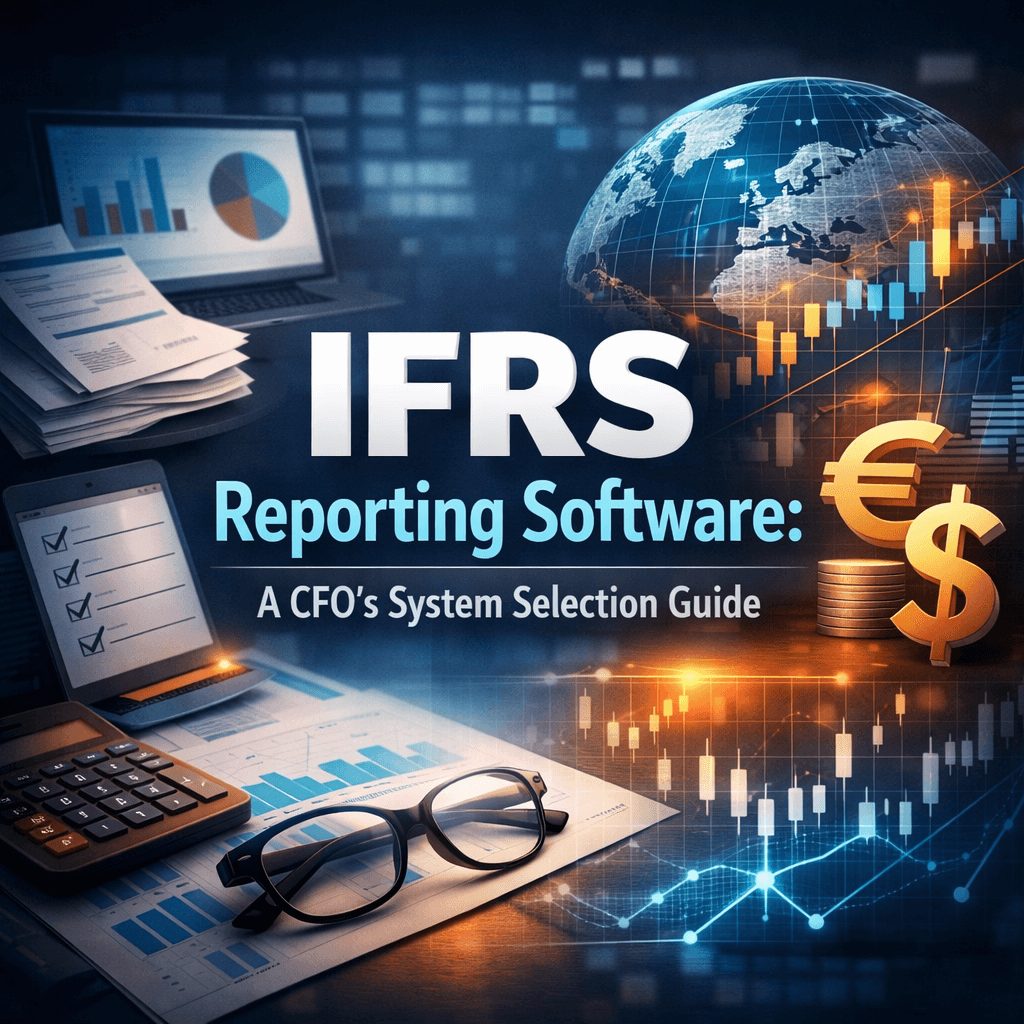 IFRS reporting software comparison infographic showing a CFO system selection guide with evaluation criteria like integration, compliance coverage, automation, and controls.
