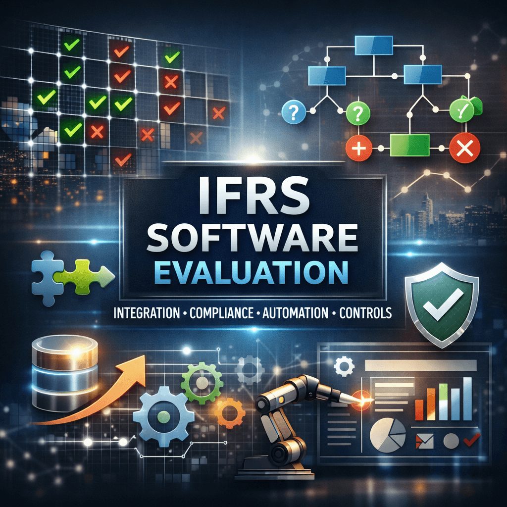 Comparison matrix visual for IFRS reporting software showing evaluation criteria such as integration, compliance coverage, automation, and internal controls.
