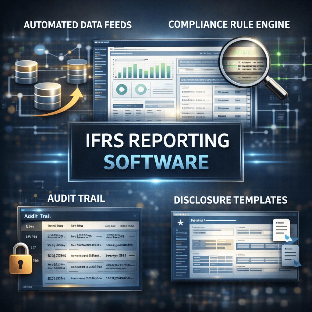IFRS reporting software interface highlighting automated data feeds, compliance rule engine, audit trail panel, and disclosure templates.