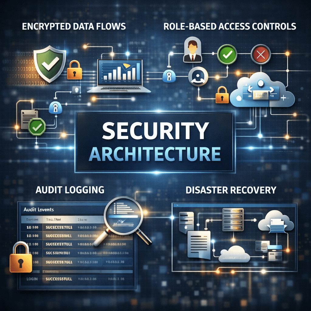 Security architecture diagram for IFRS reporting software showing encrypted data flows, role-based access controls, audit logging, and disaster recovery components.