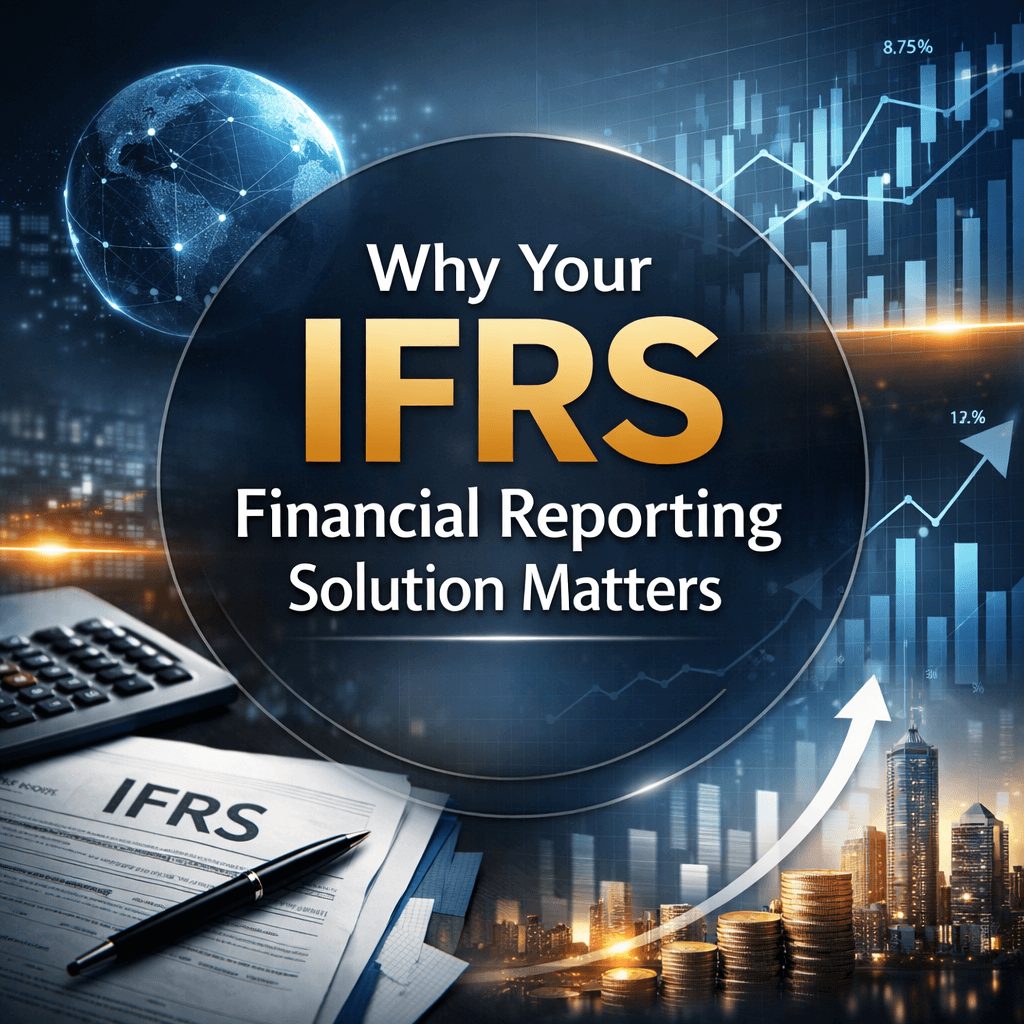 Professional infographic explaining why an ifrs financial reporting solution matters, featuring financial charts, global data visuals, and centralized reporting elements.