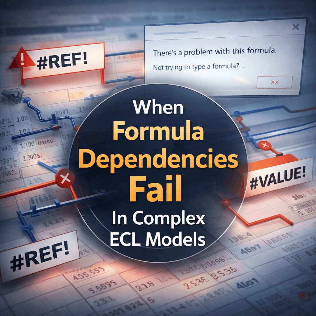 Infographic showing spreadsheet formula errors and broken dependencies in ECL models, highlighting risks addressed by an ifrs financial reporting solution.