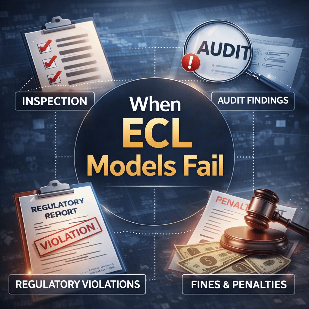Regulatory inspection and audit consequence infographic illustrating compliance risks when ECL models fail without a robust ifrs financial reporting solution.