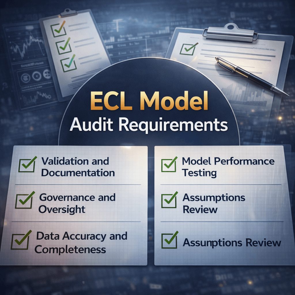 Checklist-style infographic visualizing ECL model audit requirements supported by an enterprise-grade ifrs financial reporting solution.