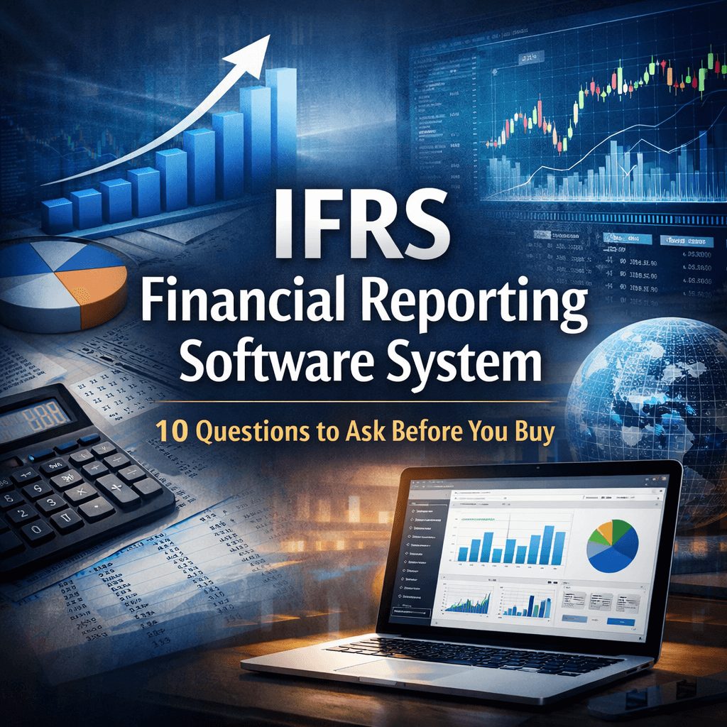 Infographic thumbnail about IFRS financial reporting software system showing financial dashboards, charts, and laptop interface highlighting 10 key questions to ask before buying.