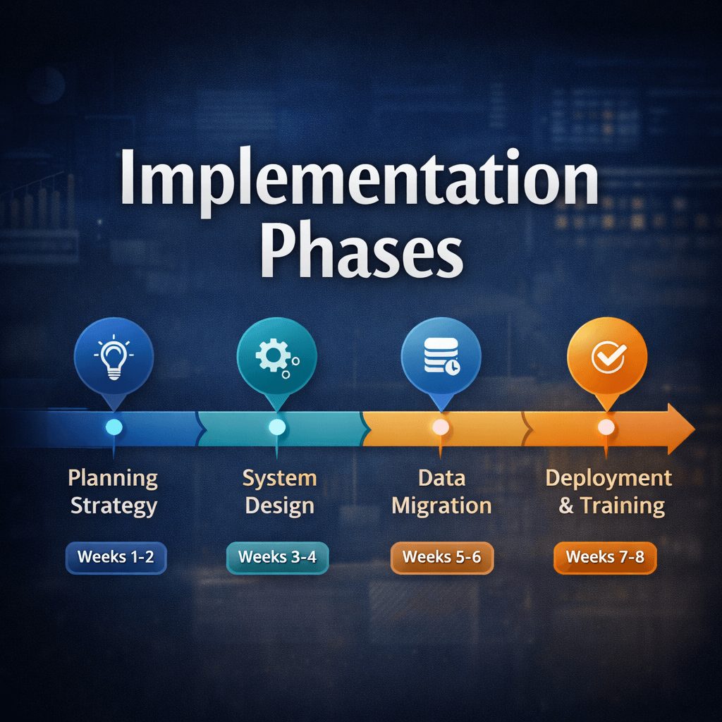 Timeline infographic illustrating implementation phases of an IFRS financial reporting software system, including planning, system design, data migration, and deployment.