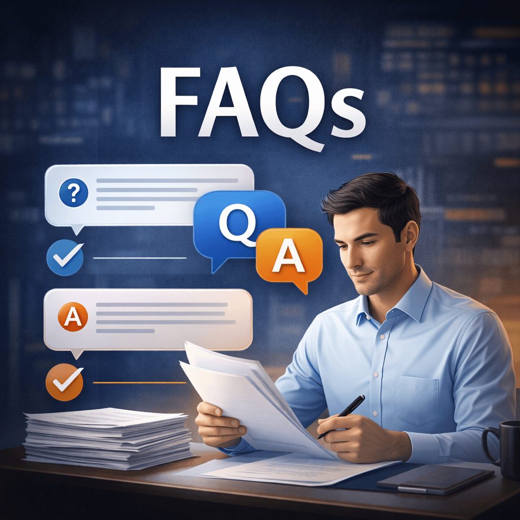 FAQ-themed infographic featuring a professional reviewing documents to represent guidance and support related to an IFRS financial reporting software system.
