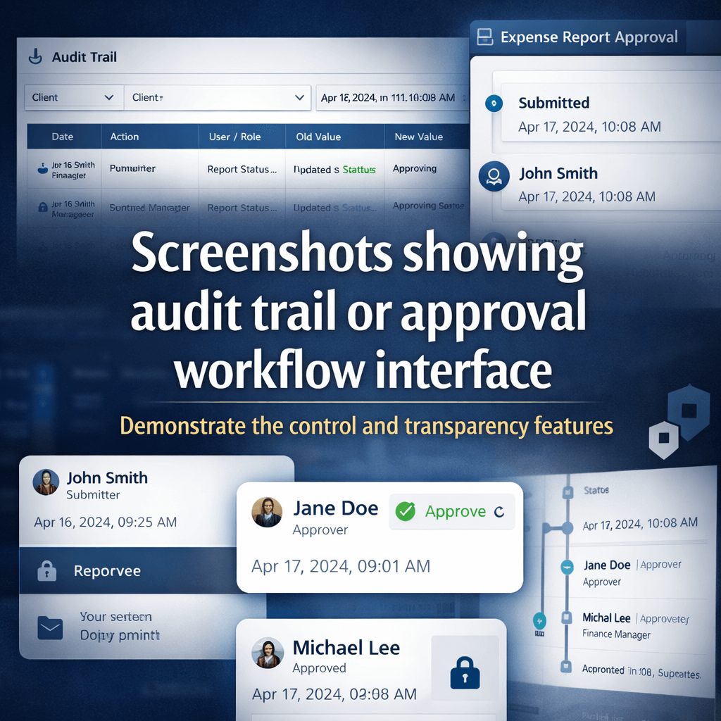 Professional interface infographic demonstrating audit trail and approval workflow features within an IFRS financial reporting software system, including timestamps and role-based controls.
