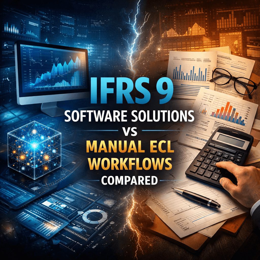 Infographic comparing ifrs 9 software solutions with manual ECL workflows, highlighting automation, analytics dashboards, and traditional spreadsheet calculations.