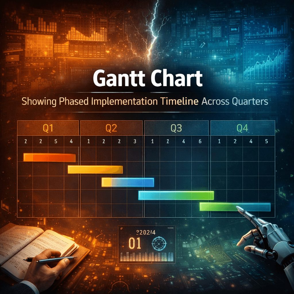 Professional Gantt chart infographic demonstrating phased implementation of ifrs 9 software solutions across quarterly milestones.