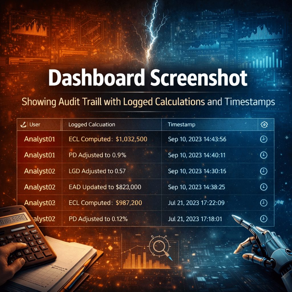 Dashboard infographic displaying audit trail logs, calculations, and timestamps generated by ifrs 9 software solutions for compliance tracking.