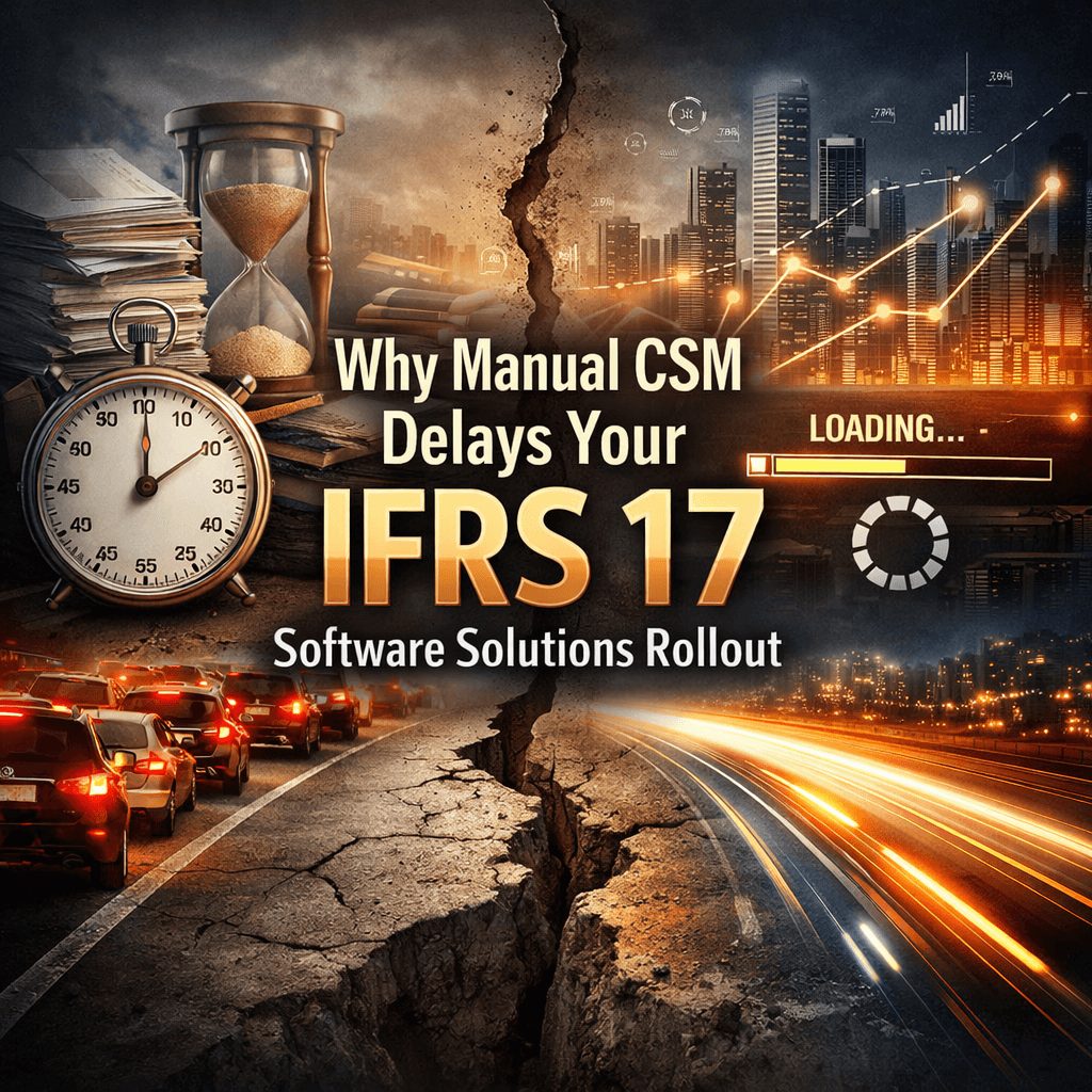 Illustration showing manual processes slowing implementation of ifrs 17 software solutions compared with a faster digital workflow
