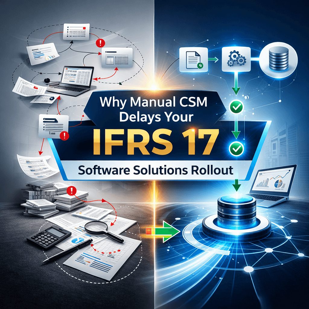 Side by side process diagram comparing manual CSM workflow with automated ifrs 17 software solutions workflow