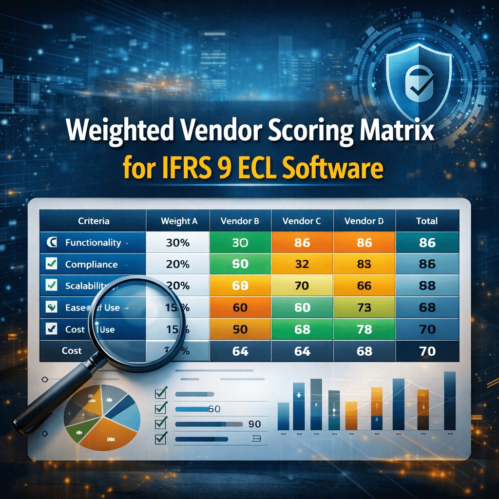 Crisp infographic for IFRS 9 ECL software displaying a weighted vendor scoring matrix, highlighting vendor performance across multiple criteria with color-coded scores, bar graphs, and pie charts.