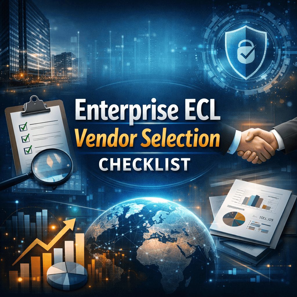 Professional infographic for IFRS 9 ECL software showing an enterprise vendor selection checklist, featuring a central title, checklist icons, financial charts, and a handshake to illustrate vendor evaluation.