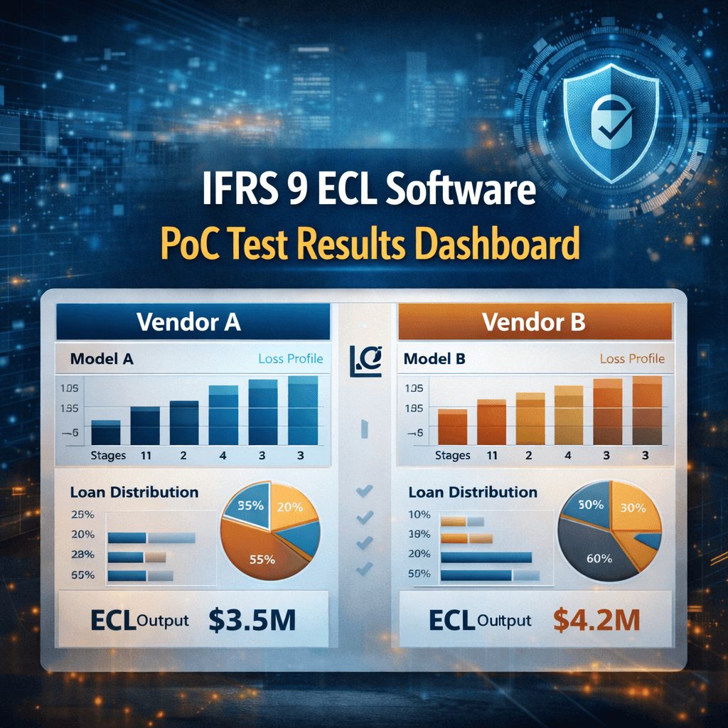 Professional infographic for IFRS 9 ECL software PoC test results, showing a side-by-side dashboard comparison of model outputs from two vendors, including loss profiles, loan distributions, and ECL outputs.