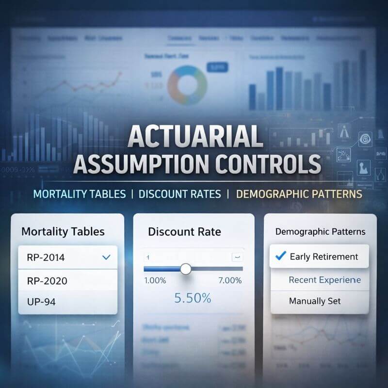 Clean pension actuarial valuation software interface with dropdowns for mortality tables, discount rate sliders, and demographic assumption settings.